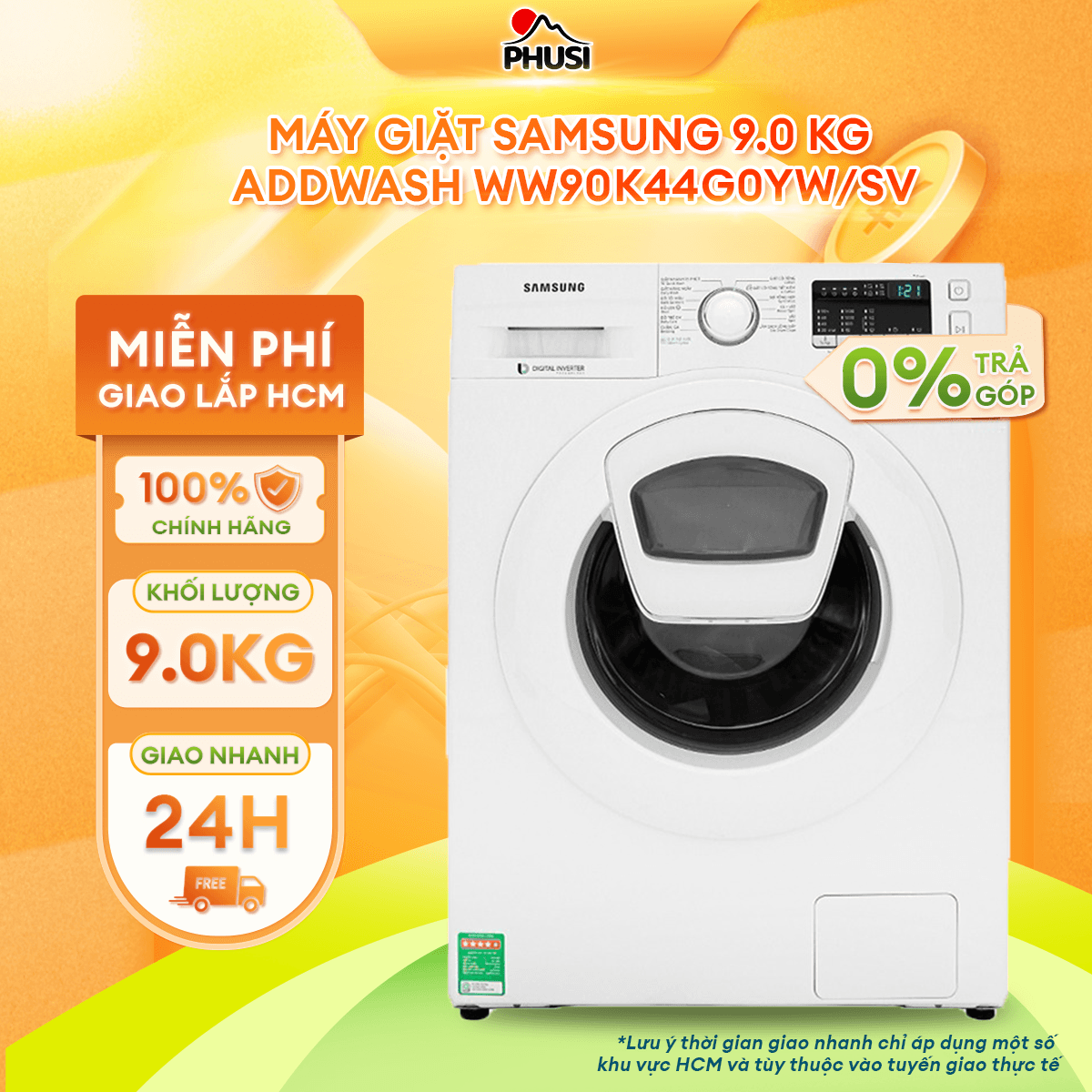 Máy giặt Samsung Addwash Inverter 9 Kg WW90K44G0YWSV - Chỉ giao HCM