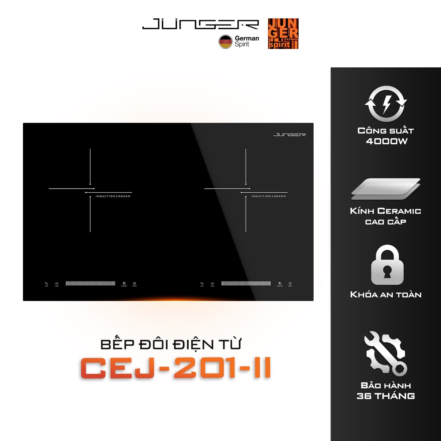 Bếp từ đôi Junger CEJ-201-II 4000W Tích hợp khóa phím an toàn Hàng Chính Hãng Bảo Hành 36 Tháng