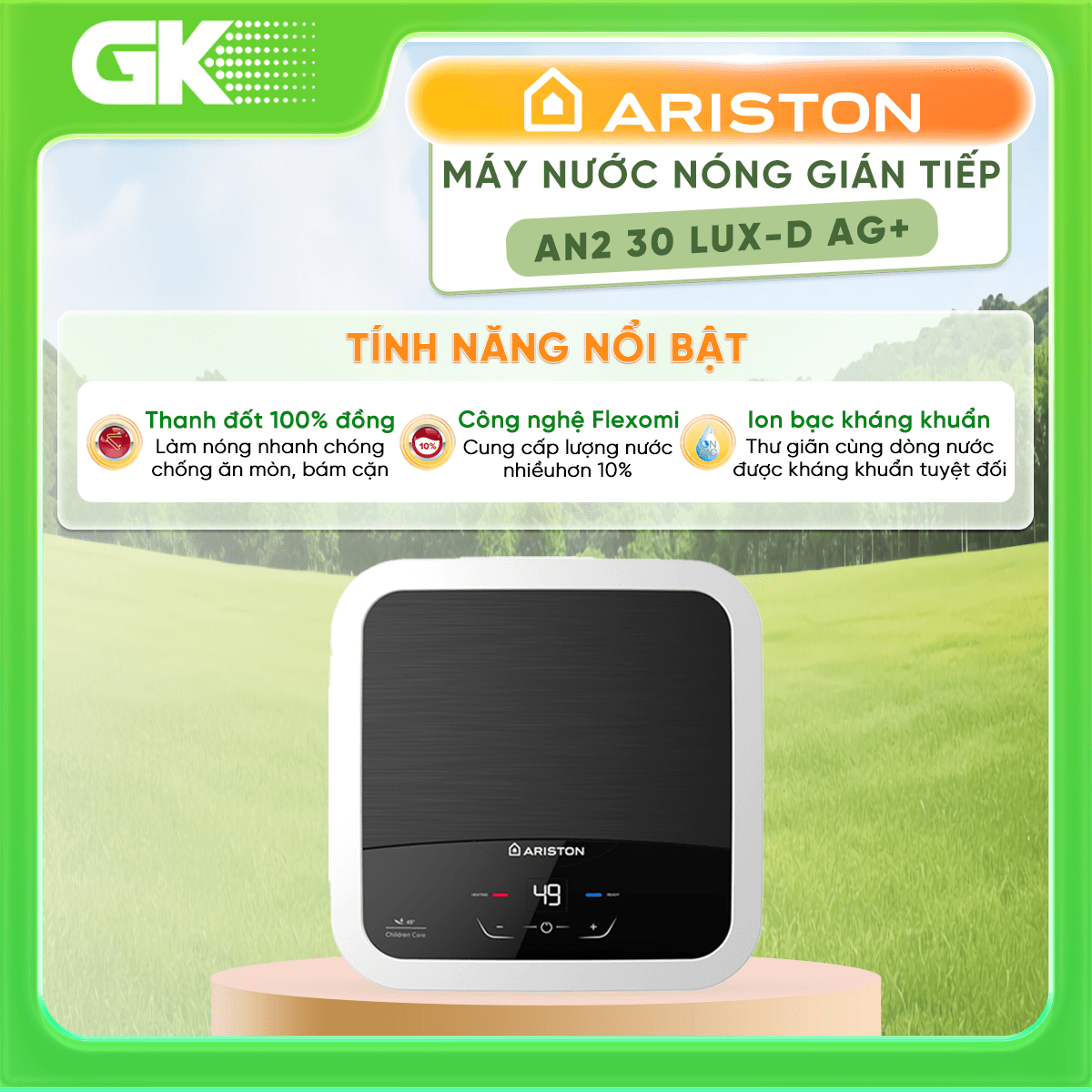Máy nước nóng gián tiếp 30 lít Ariston AN2 30 LUX-D AG HÀNG CHÍNH HÃNG CHỈ GIAO HCM