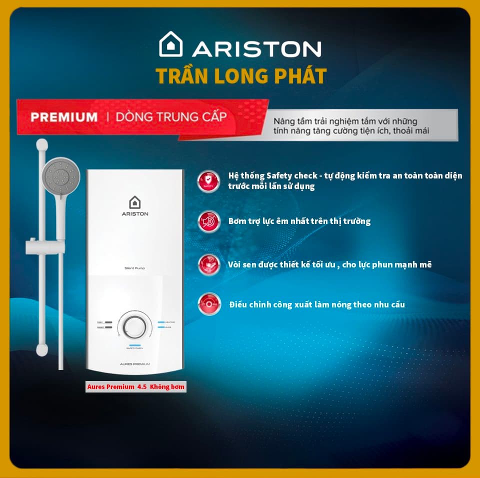 Máy nước nóng trực tiếp Ariston 4500W AURES PREMIUM 4.5 - Hàng Chính Hãng - Lắp 250k tại TP. HCM